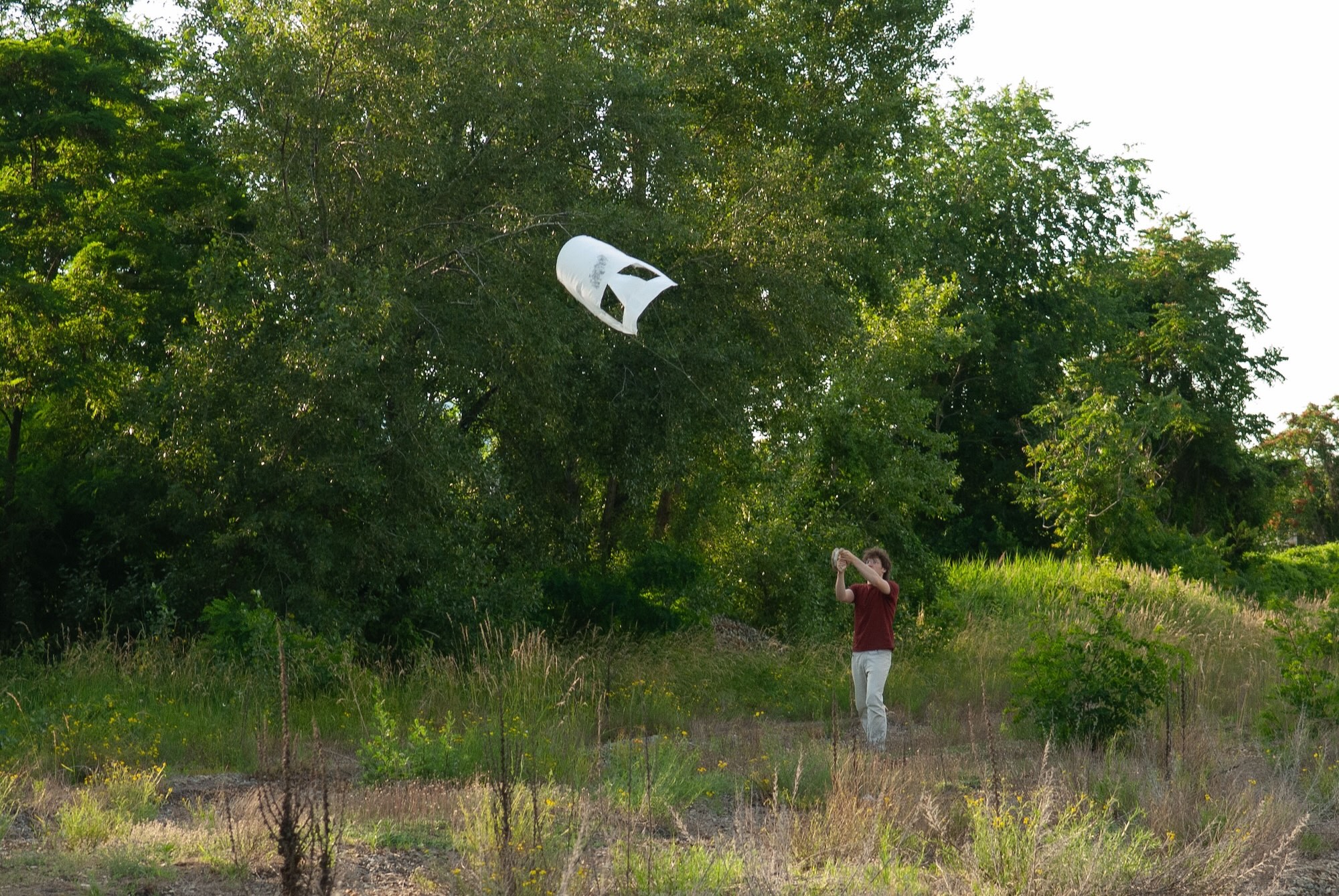 Artur beim Drachensteigen vor Bäumen / Artur flying a kite in front of Trees